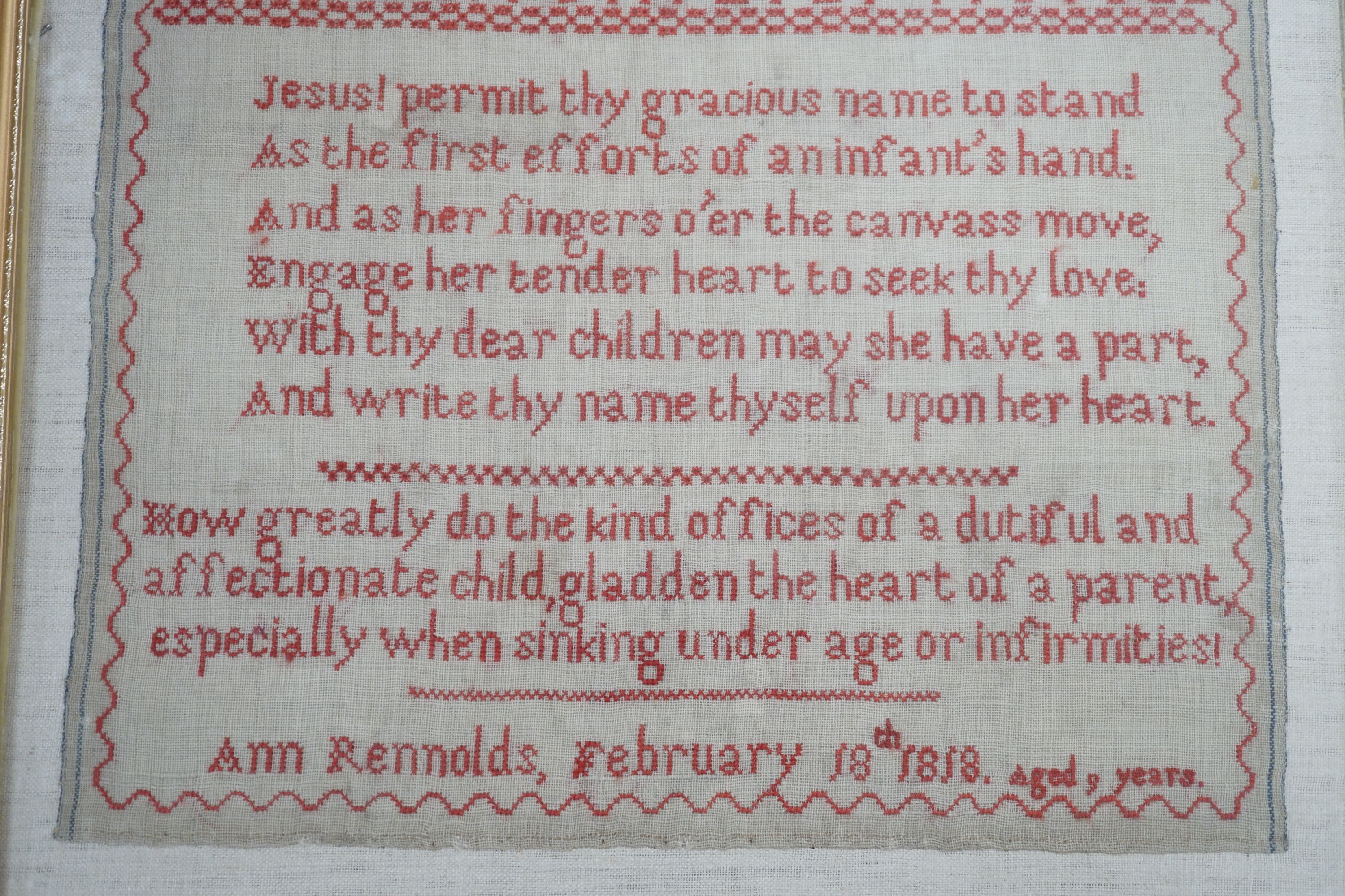 19th century red cross stitch sampler by Ann Reynolds, dated 1818, 34 cms wide x 42 cms high.